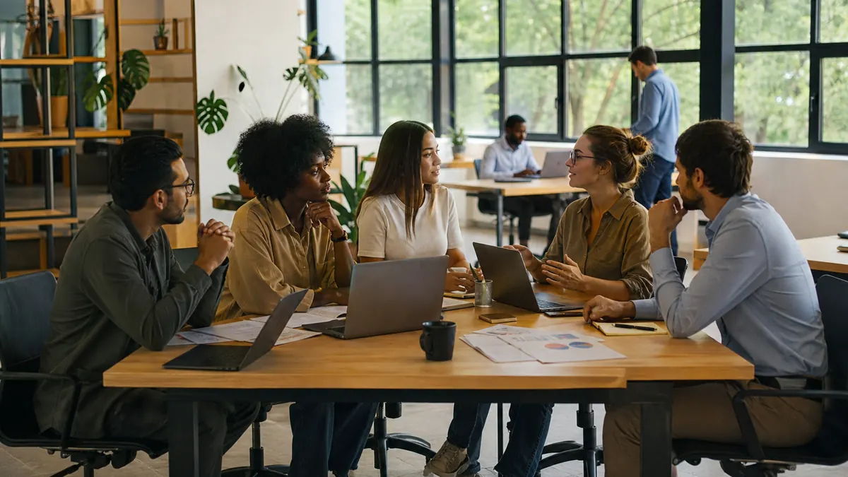 Time comercial com IA reunido em pequena empresa local discutindo estratégias
