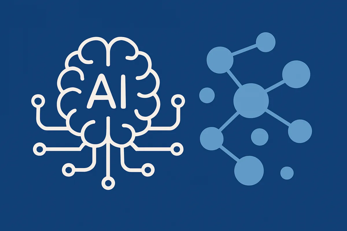 O que é inteligência artificial: cérebro estilizado com as letras AI ligado a uma rede de nós, em tons de azul