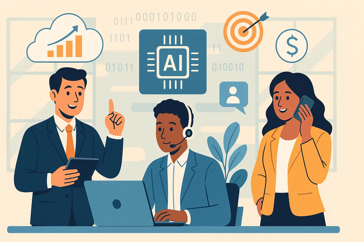SDR com inteligência artificial: três profissionais de vendas diante de um chip de IA, gráficos de crescimento e um alvo