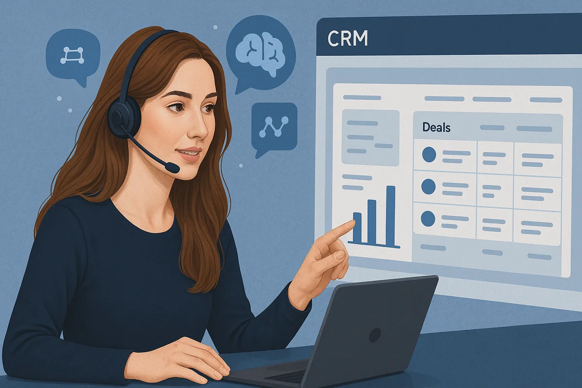 O que é SDR: atendente de headset aponta para um painel de CRM com a lista de negócios e um gráfico de barras